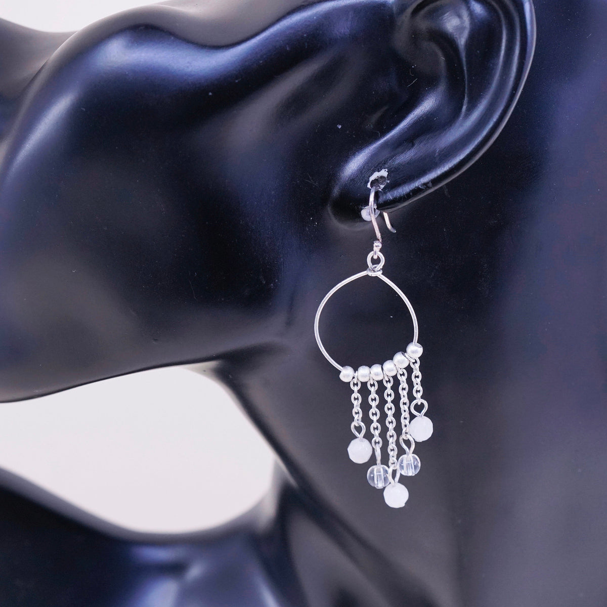 vtg sterling silver handmade earrings, 925 w/ cluster crystal fringe dangles