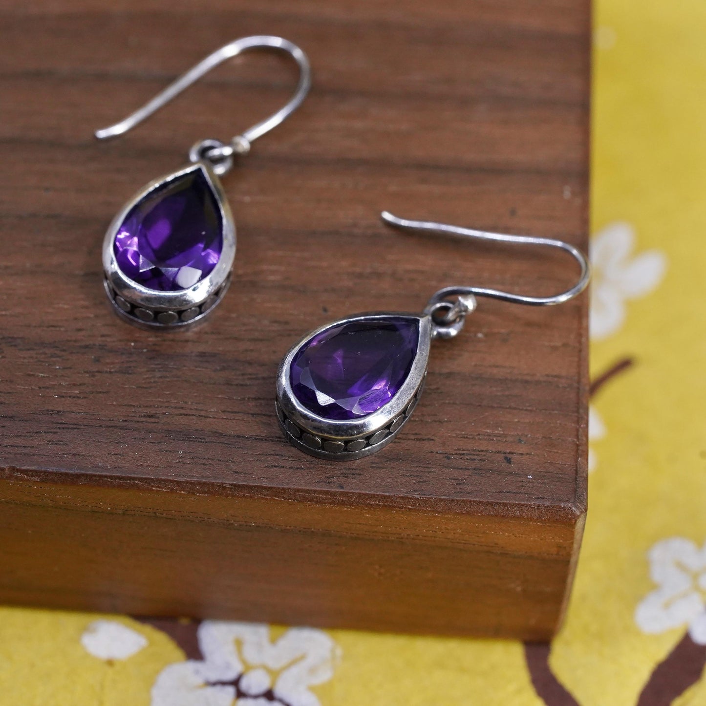 Vintage Sterling 925 silver handmade teardrop earrings with amethyst and beads