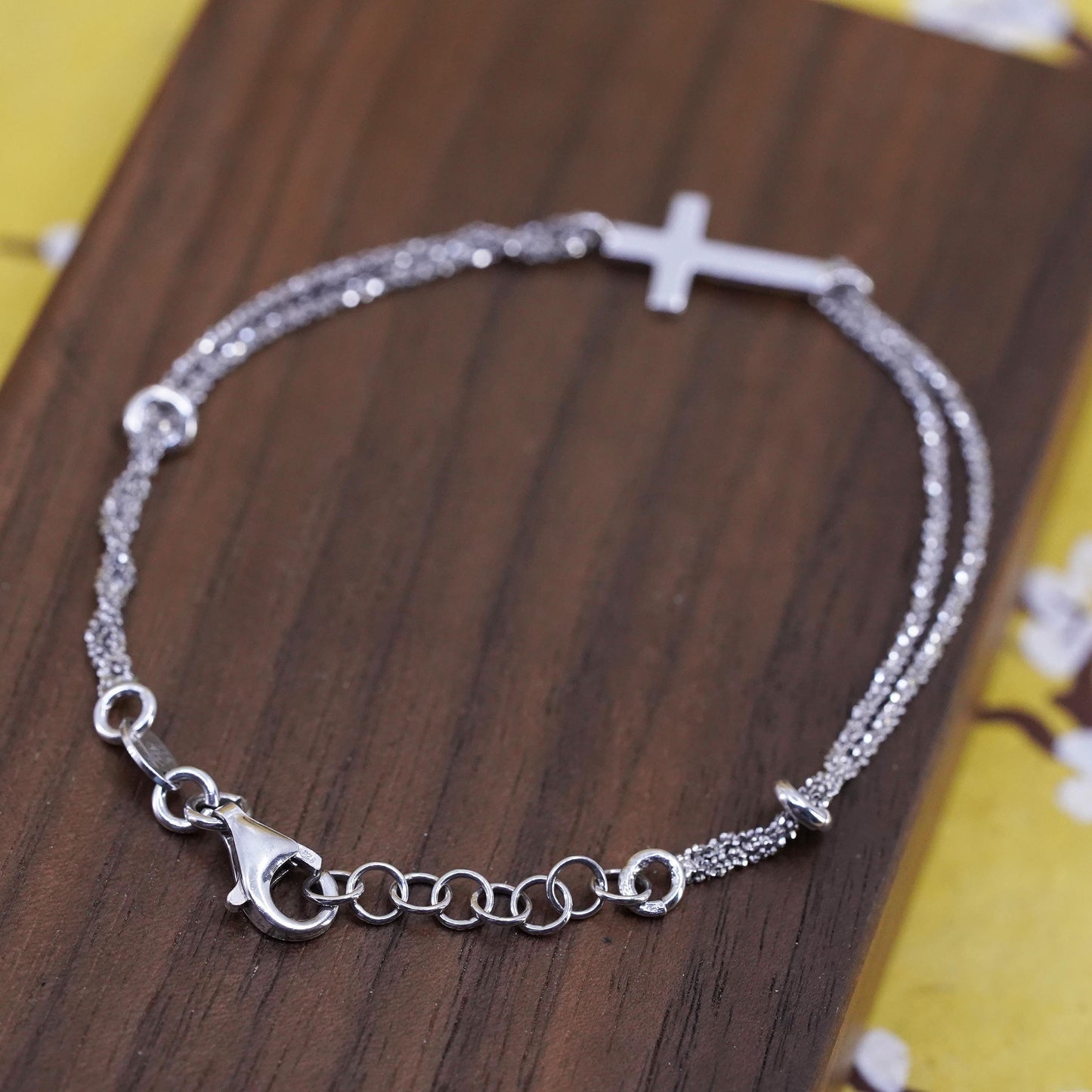 7.75", Dyadema Sterling silver bracelet, 925 double strands chain cross charm