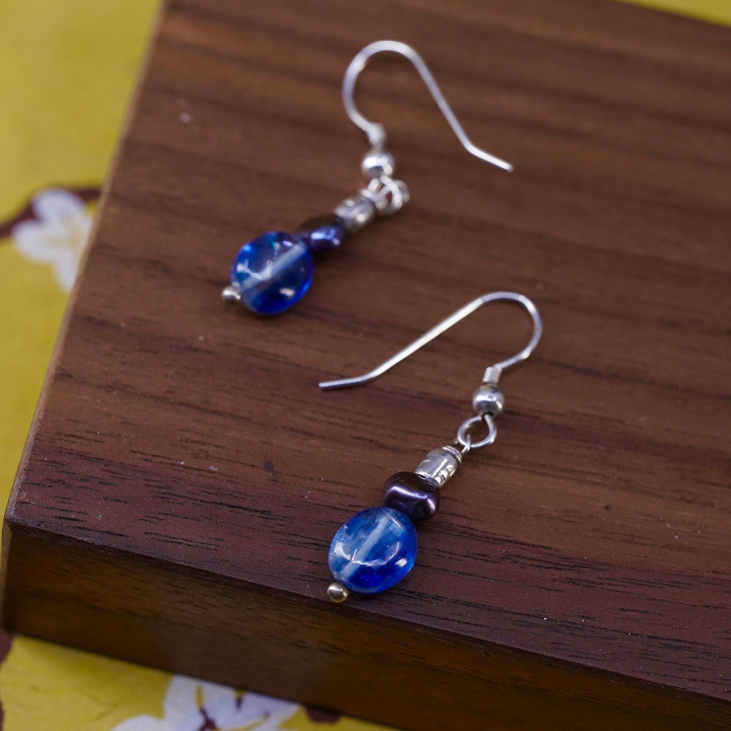 Vintage sterling 925 silver handmade earrings with blue glass bead