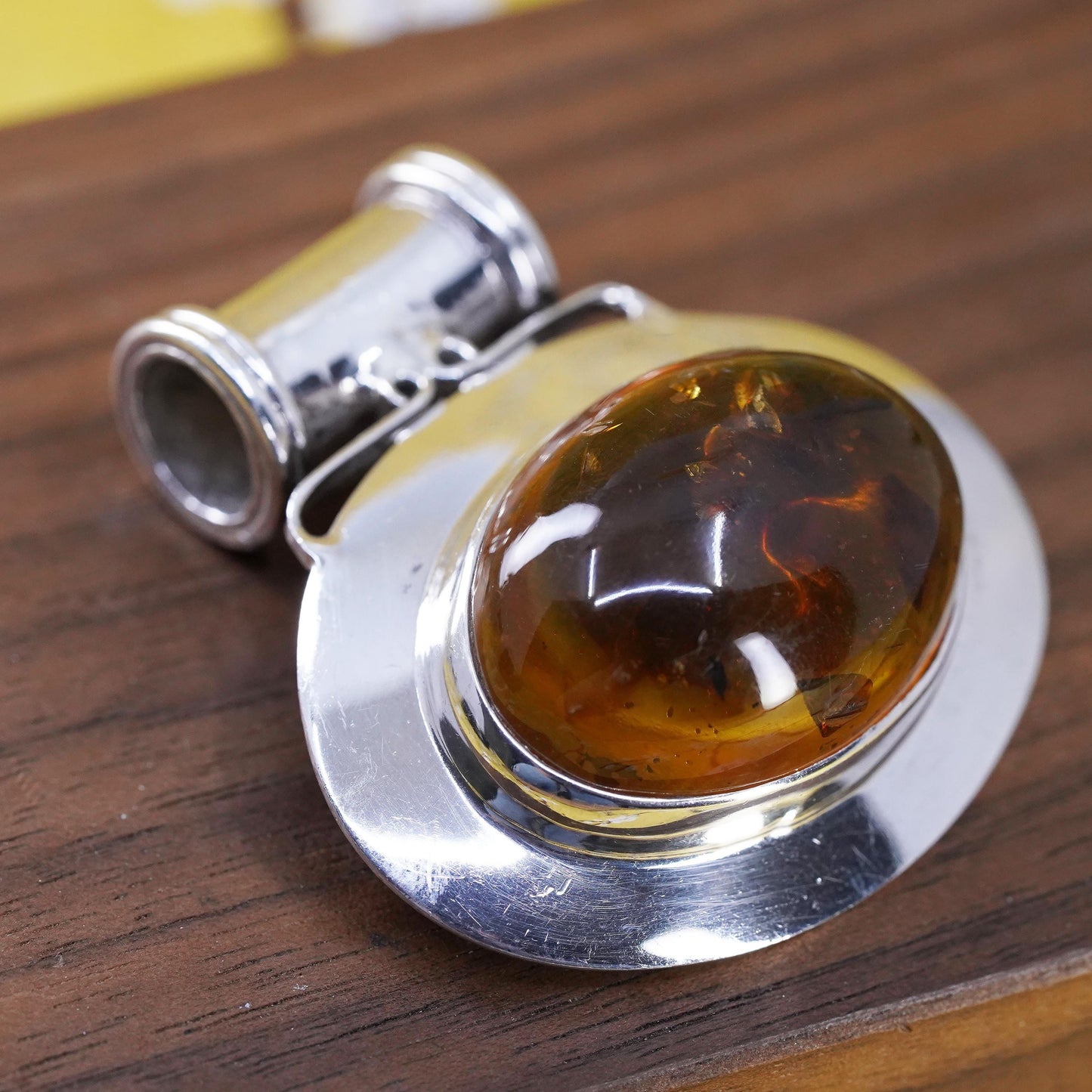 Vintage modern Sterling 925 silver handmade huge slide pendant amber pendant