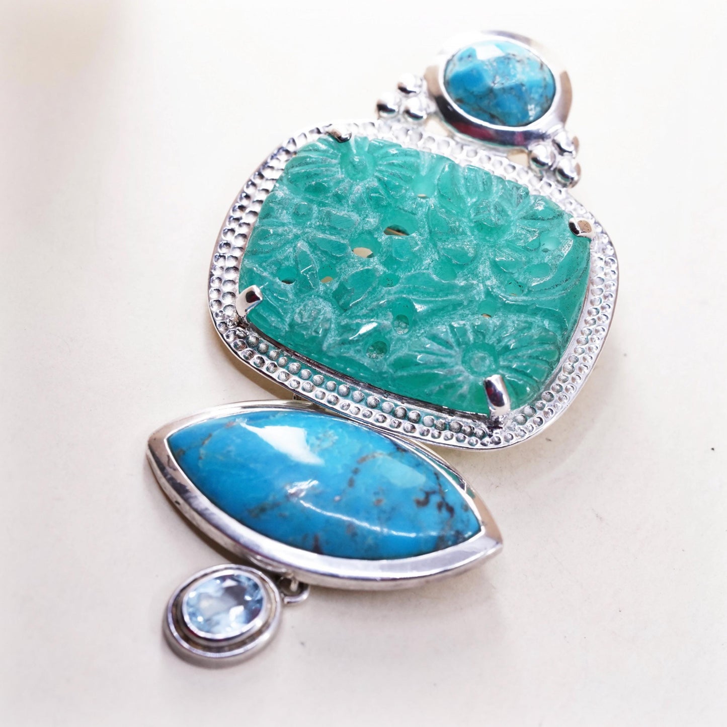 AKR Amy Kahn Russell Pendant Turquoise Carved Jade Brooch Sterling 925 Silver