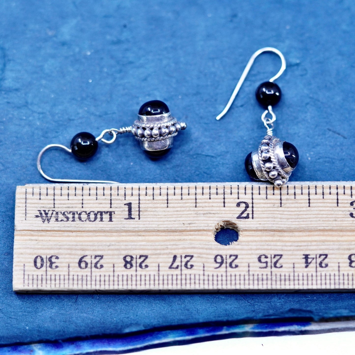 Vintage sterling 925 silver handmade earrings with round obsidian