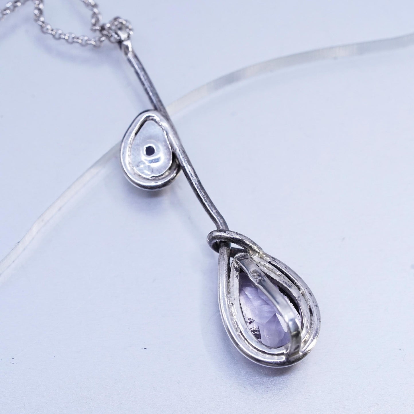 18", Italian Sterling 925 silver necklace with 2.25” teardrop amethyst pendant
