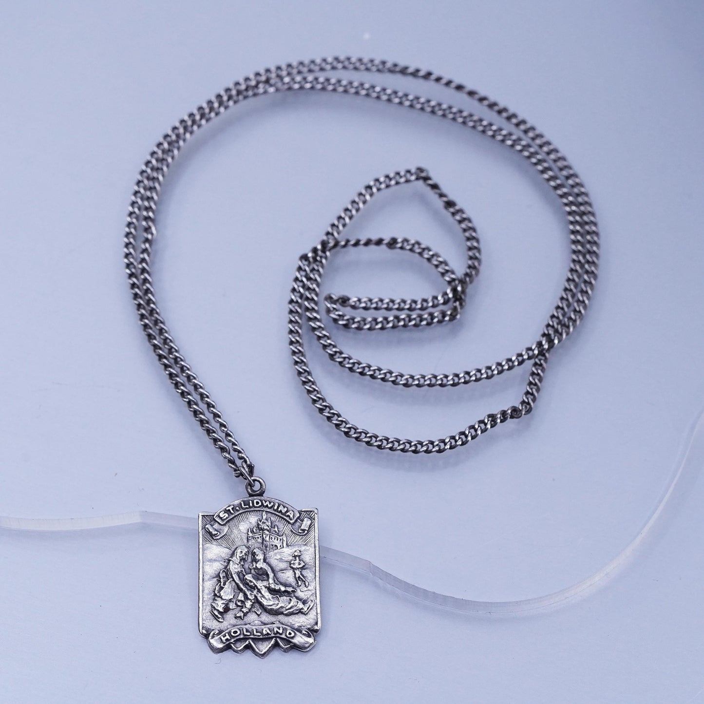 24”, VTG Sterling 925 silver curb necklace with St Lidwina Holland tag pendant