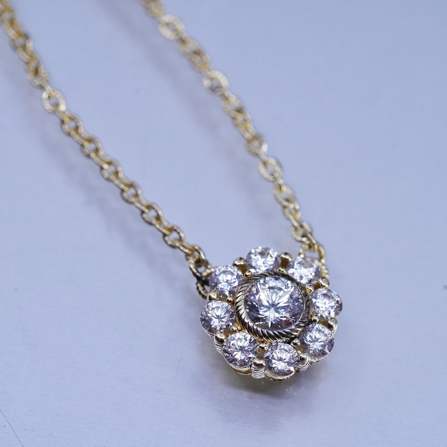 18+2", vintage Judith Ripka gold Sterling 925 silver necklace floral cz pendant