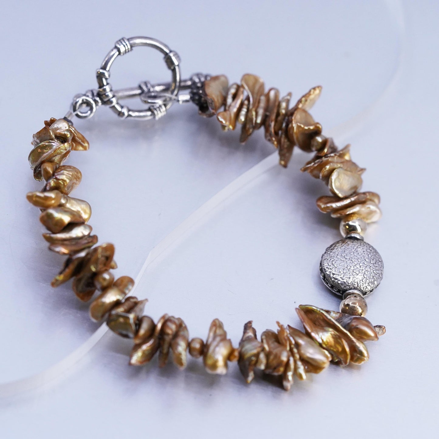 6.25", vintage sterling silver bracelet, baroque pearl beads 925 toggle closure
