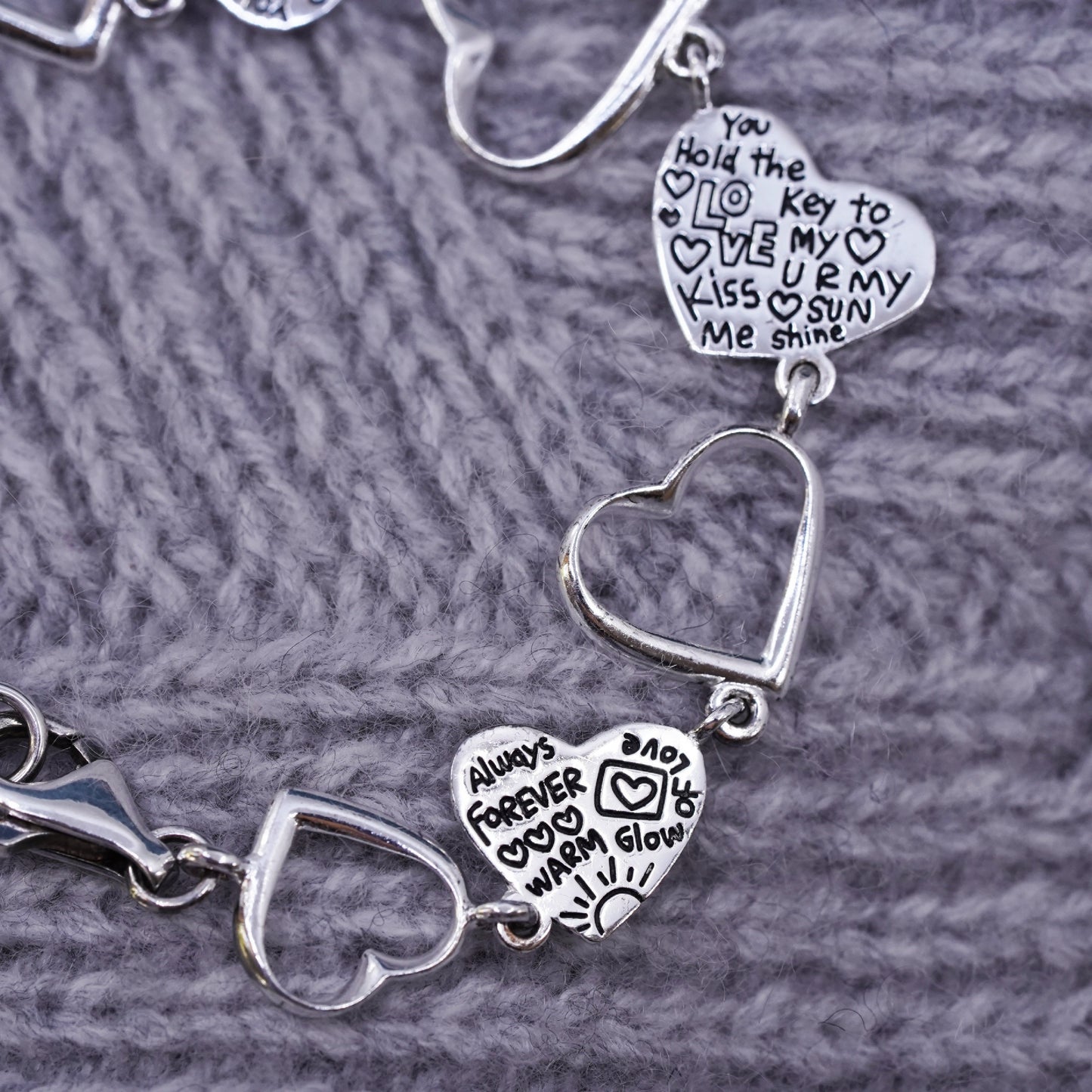 8”, vintage Sterling 925 Silver heart link bracelet embossed “I love you”