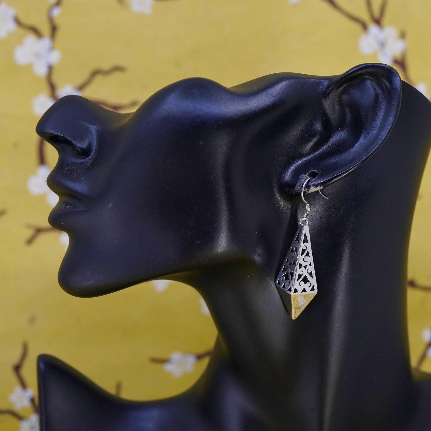 Vintage Mexican Sterling silver earrings, 925 swirly cutout diamond dangles