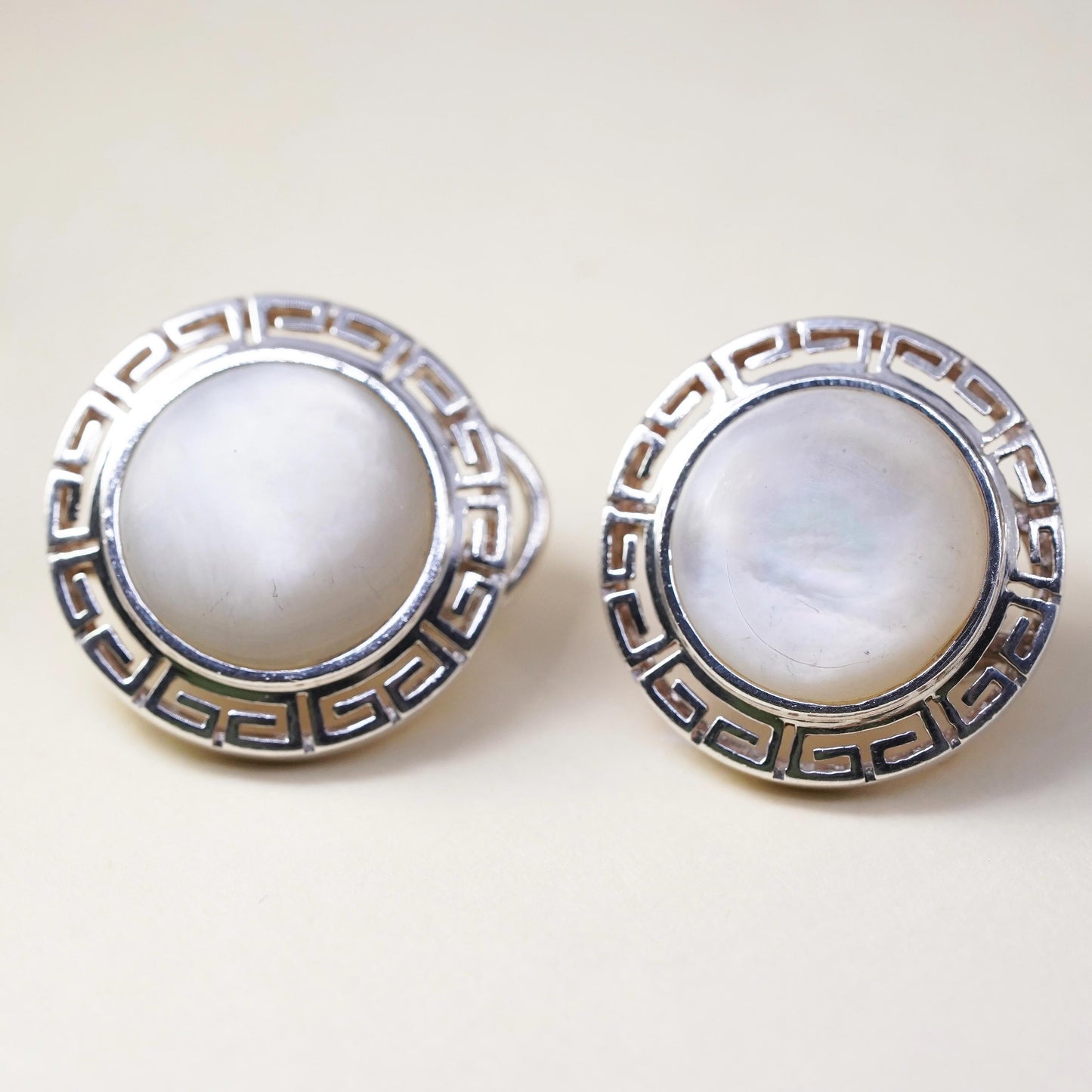 Vintage Sterling silver earrings, 925 Greek key studs w/ round mother of pearl