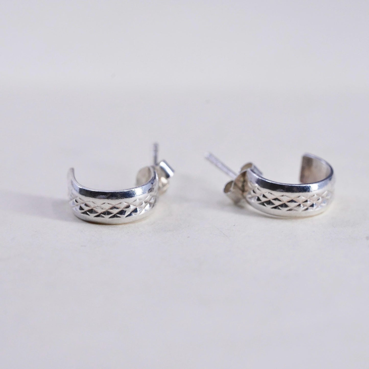 0.5”, Vintage Sterling silver earrings, 925 Diamond cut textured Huggie studs
