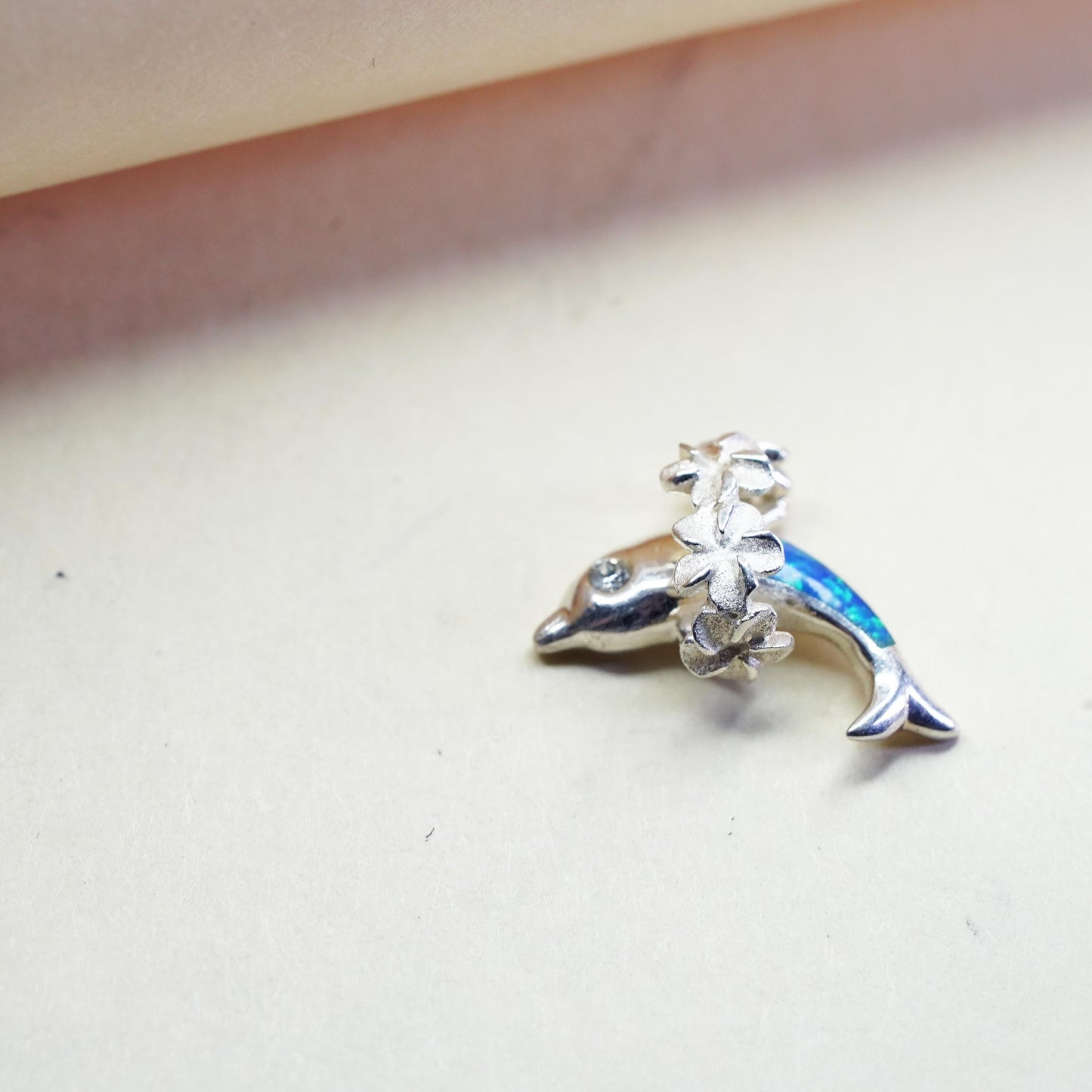 Vintage Sterling silver pendant, 925 dolphin with opal inlay, plumeria flower