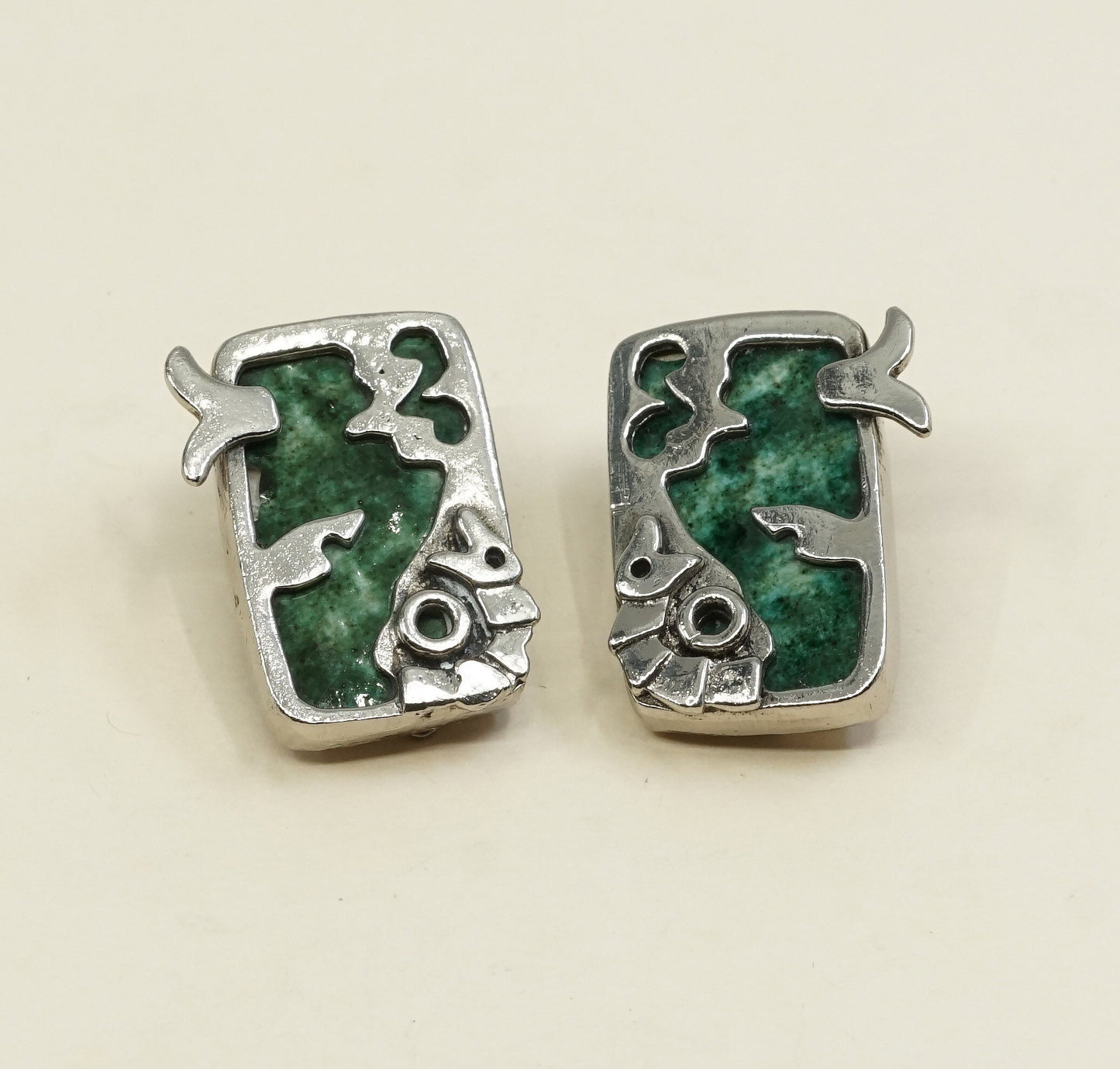 Native American handmade 925 Sterling silver earrings w/ green enamel n bird