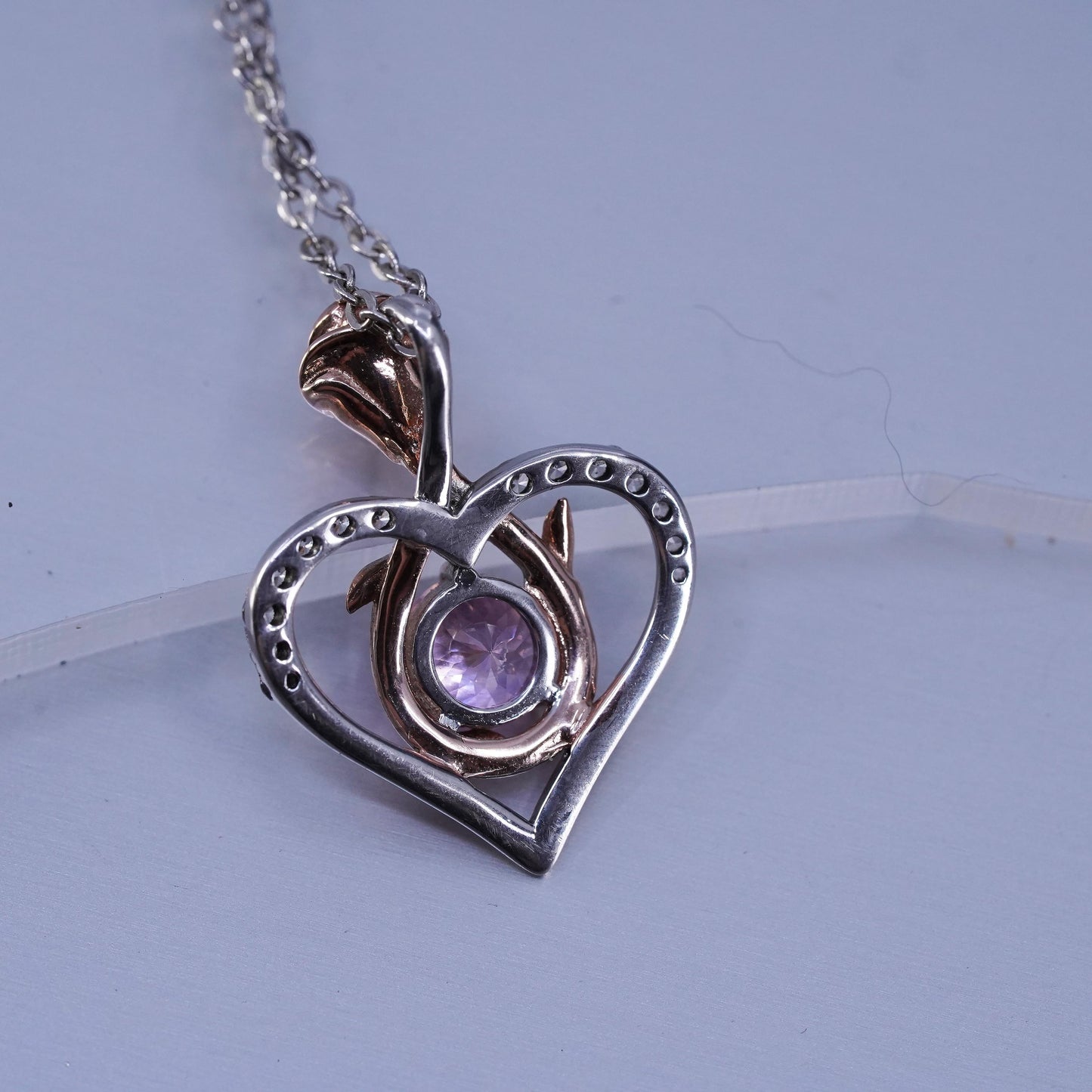 18+2”, two tone Sterling 925 silver flatten circle necklace cz heart pendant