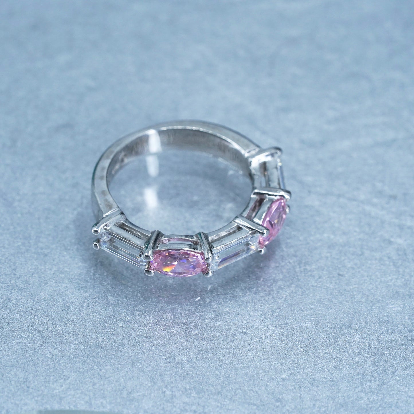 Size 4.5, vintage Sterling 925 silver wedding ring, Cz stackable band