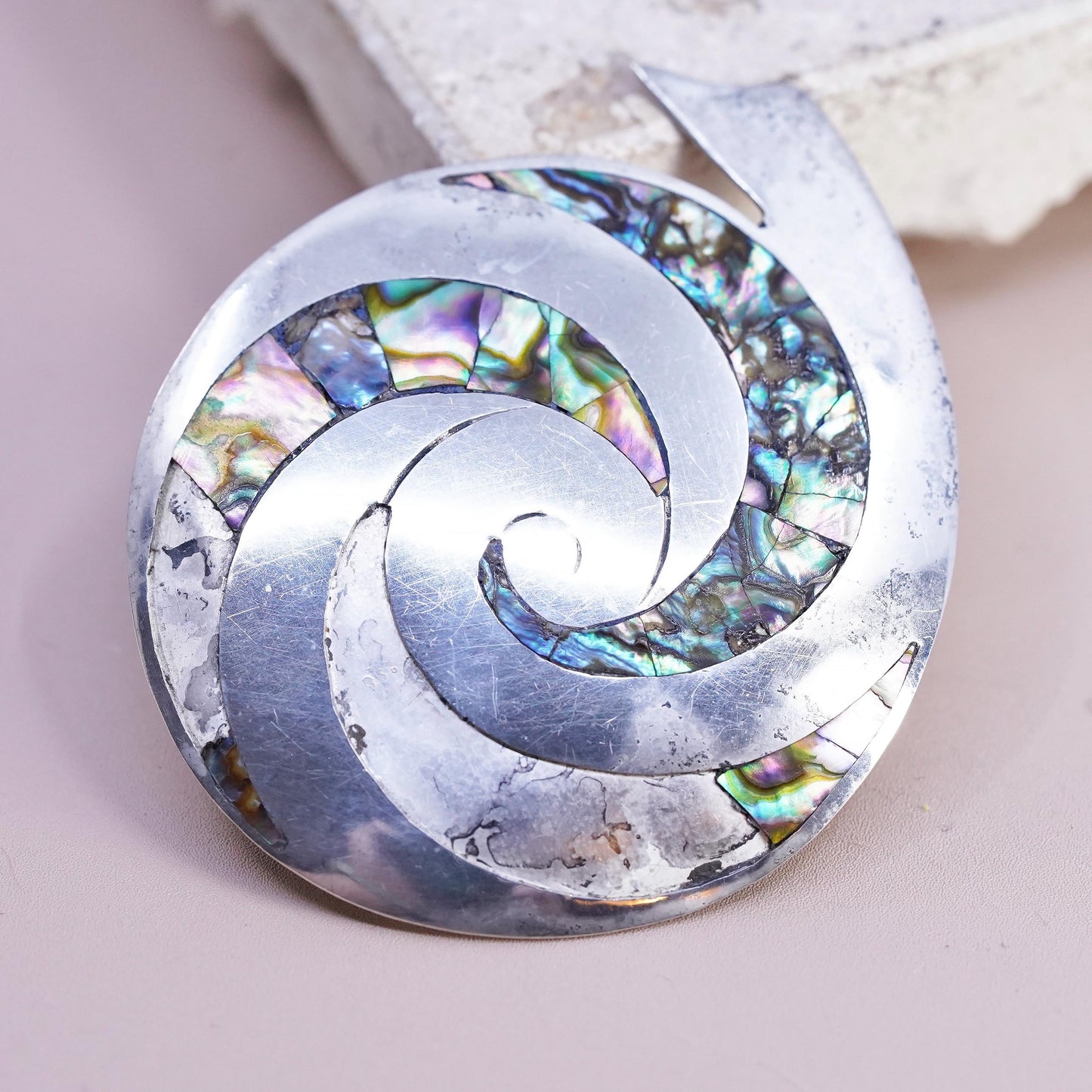 READ! Vintage Taxco Sterling silver handmade brooch, 925 sprial pendant abalone