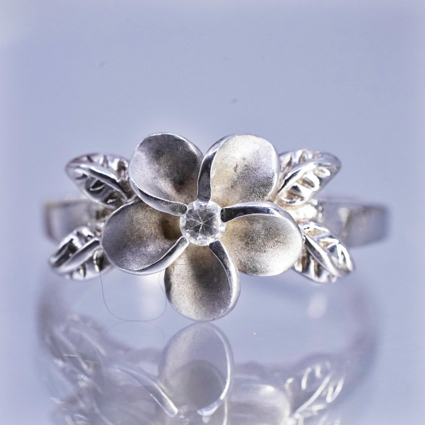 Size 9.5, vintage Sterling 925 silver handmade ring, plumeria flower band cz