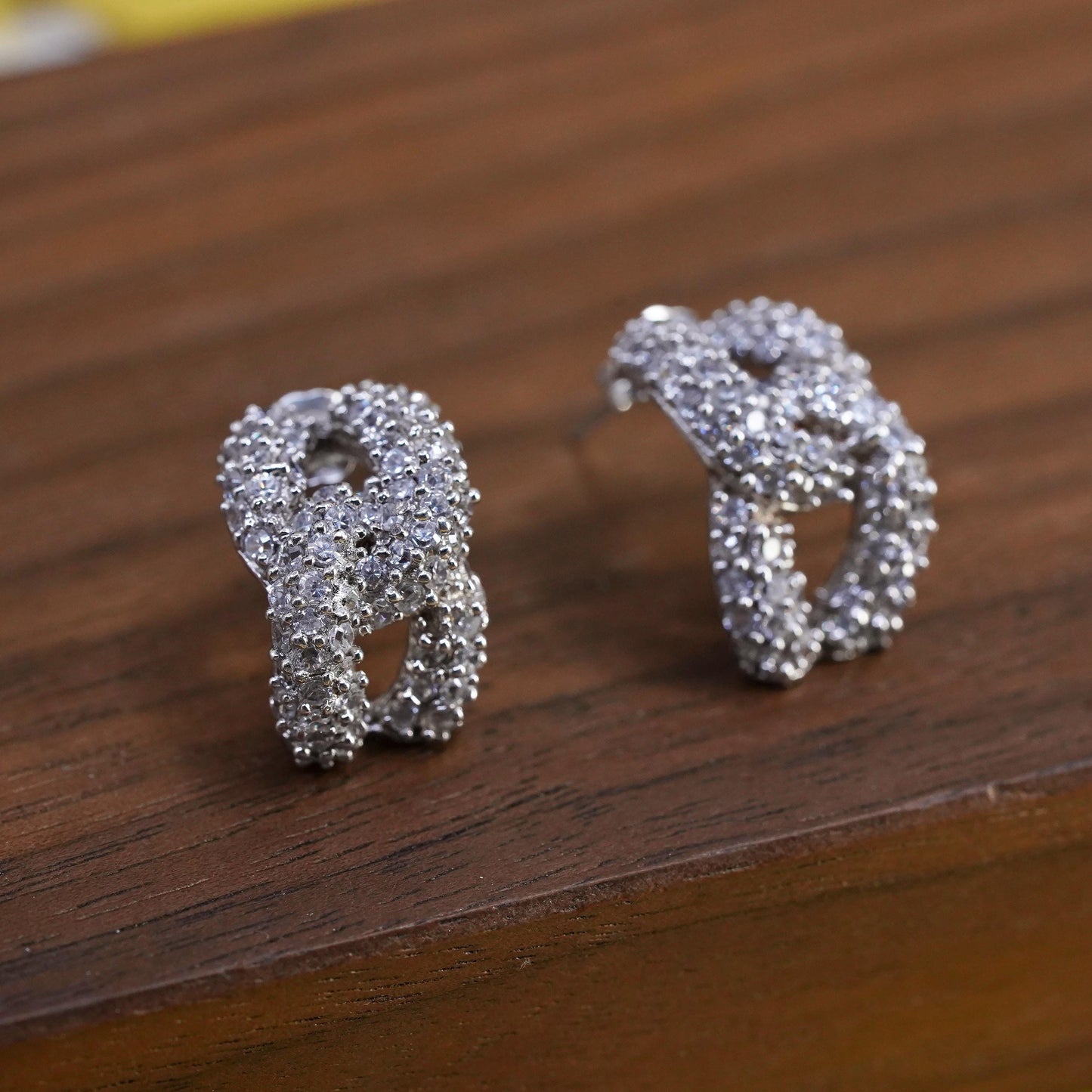 Vintage Sterling 925 silver cluster Cz studs, curb chain style earrings