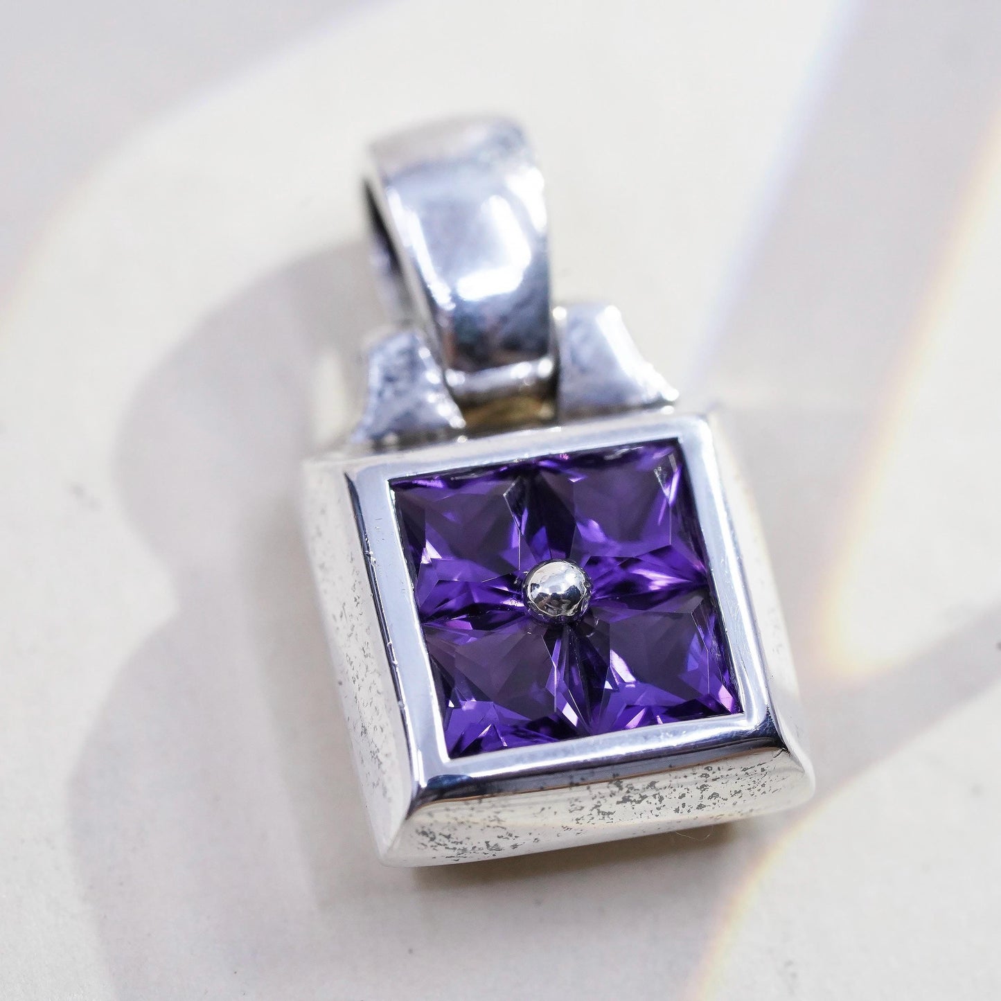 Vintage Sterling 925 silver handmade square pendant with amethyst