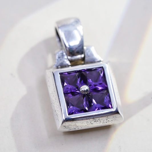 Vintage Sterling 925 silver handmade square pendant with amethyst