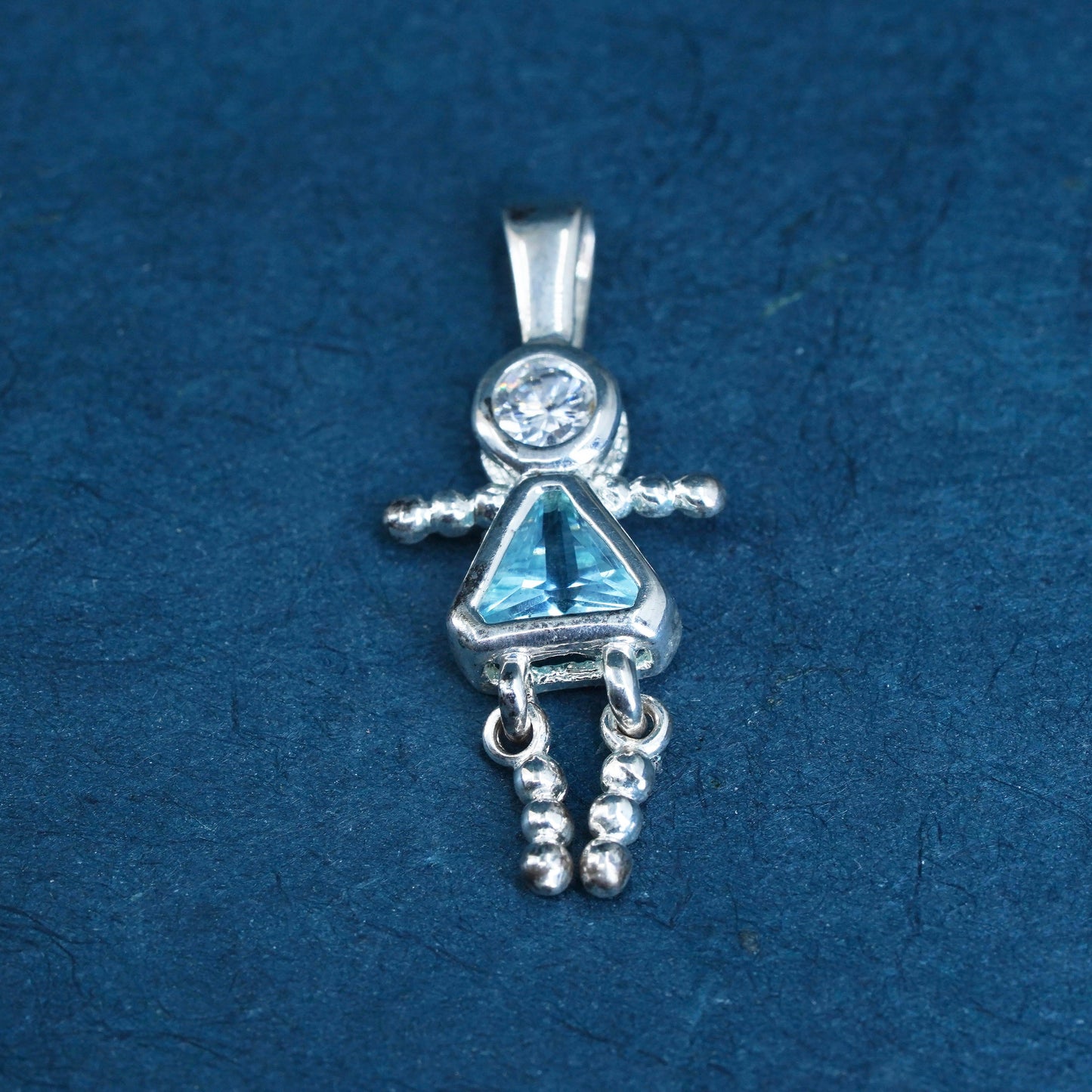 Sterling silver handmade birthstone pendant, 925 girl figure with blue crystal