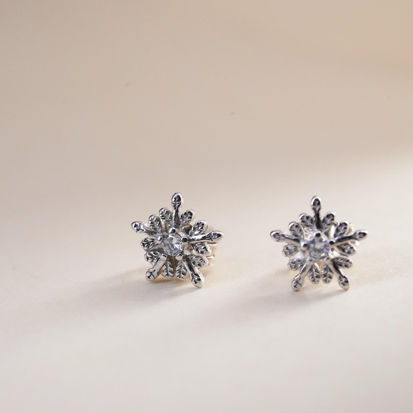 Vintage sterling silver clear crystal earrings, snowflake CZ studs