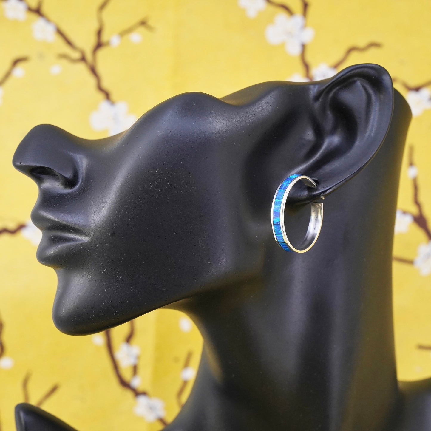 0.75", vintage Mexican Sterling silver huggie earrings, 950 hoops w/ blue opal