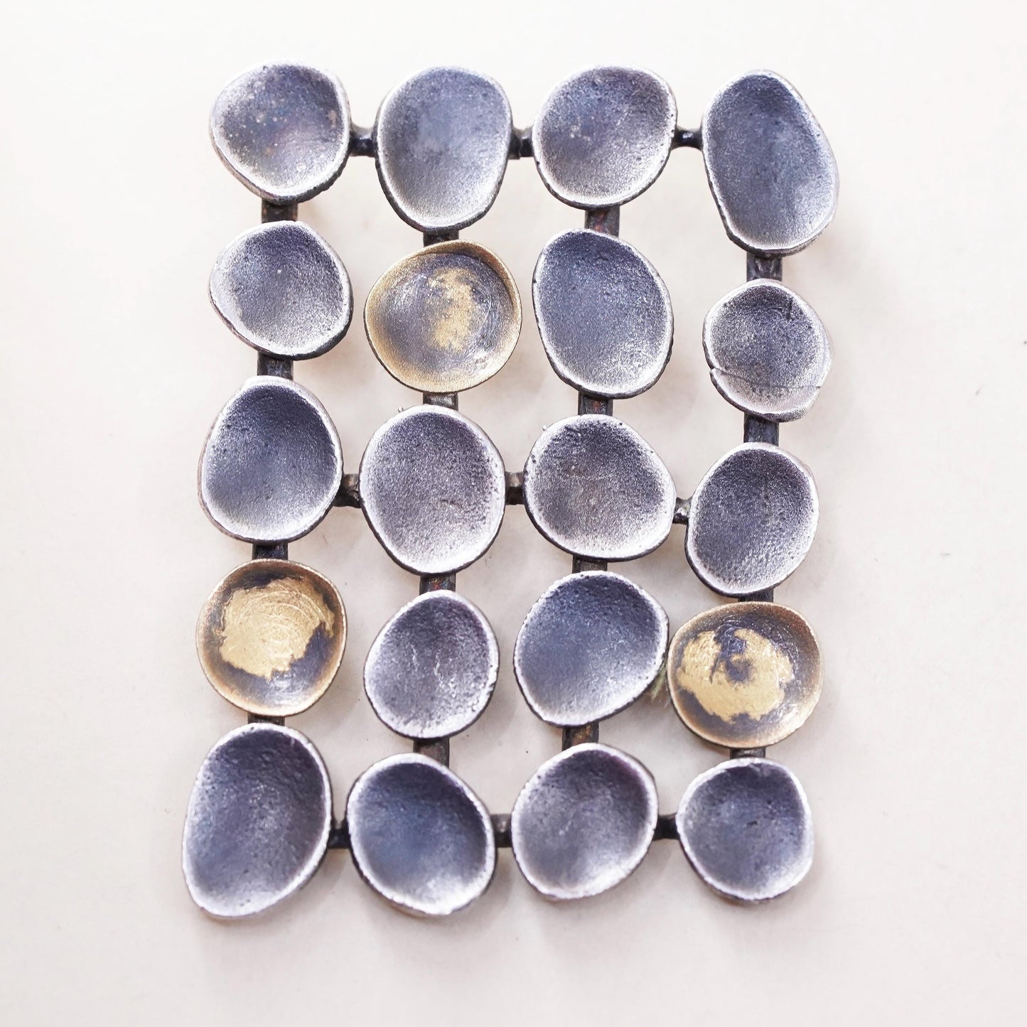 two tone sterling silver pendant, fine 925 pebble discs 14K yellow gold accent