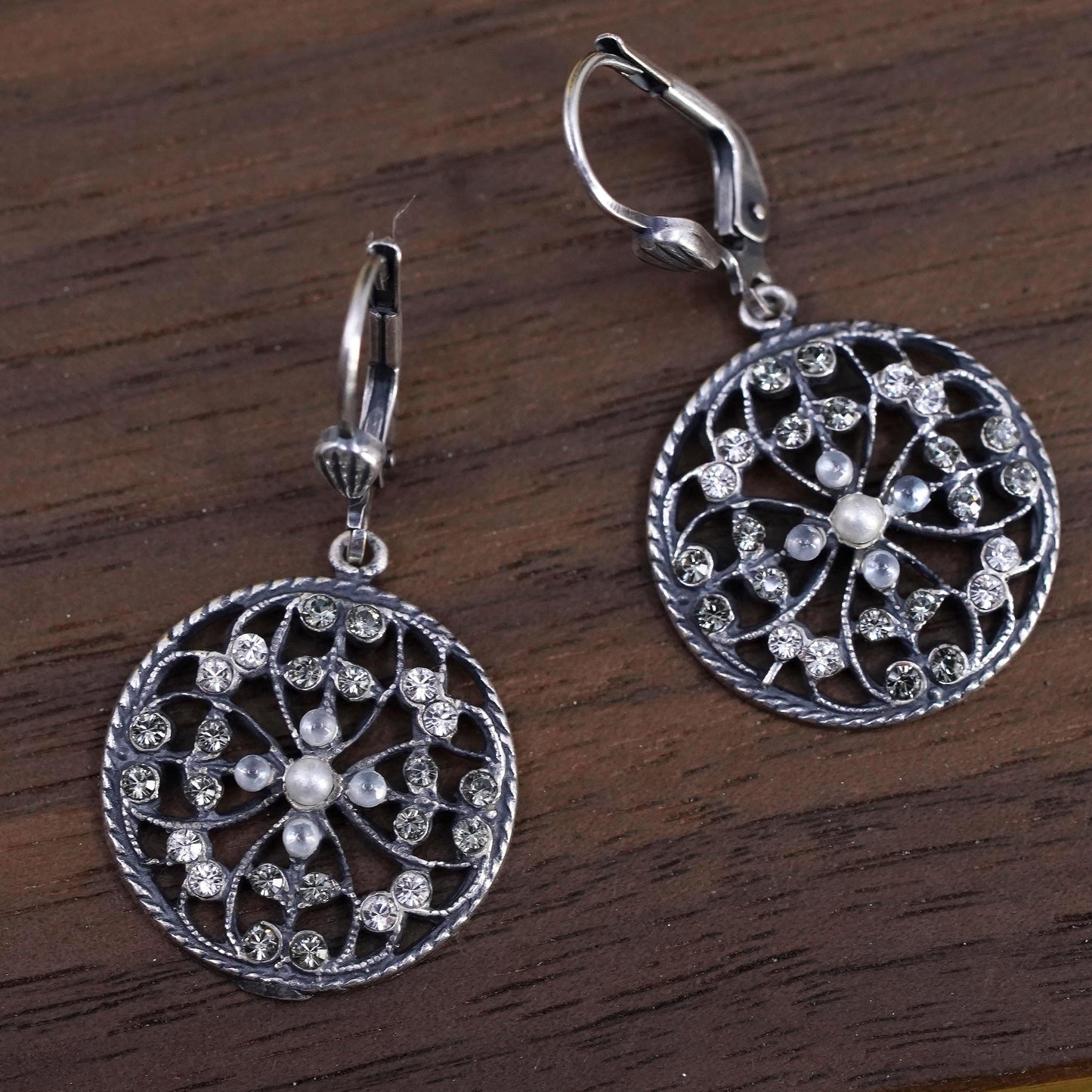 Vintage Sterling silver handmade earrings, 925 circle with cluster cz and pearl