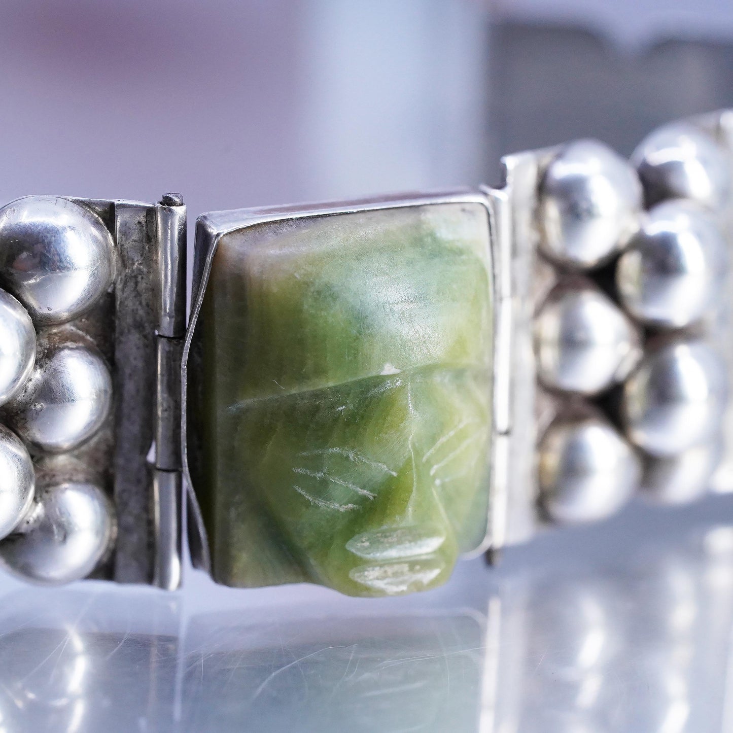 6", DEFECTED! Mexican Sterling Silver Carved Jade Face Mask Panel Bracelet