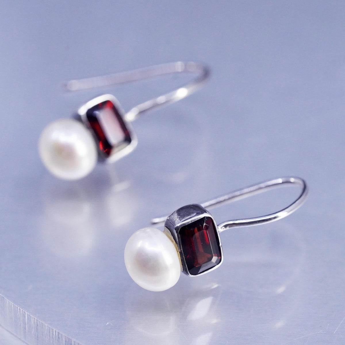 Vintage Sterling 925 silver handmade earrings with pearl garnet beads
