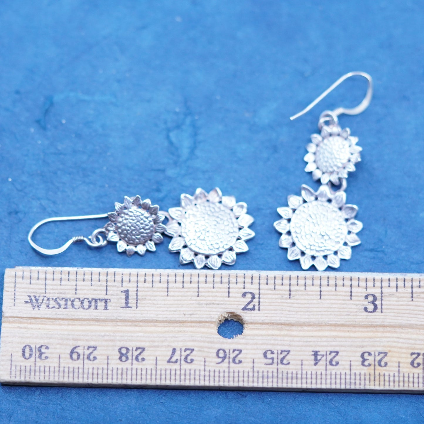 Vintage sterling silver handmade earrings, 925 sunflower flower dangles