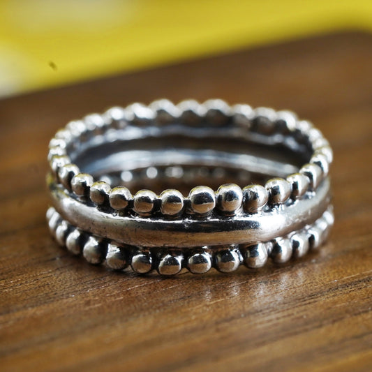 Size 8.5, Vintage Sterling silver stackable handmade ring, 925 band with beads