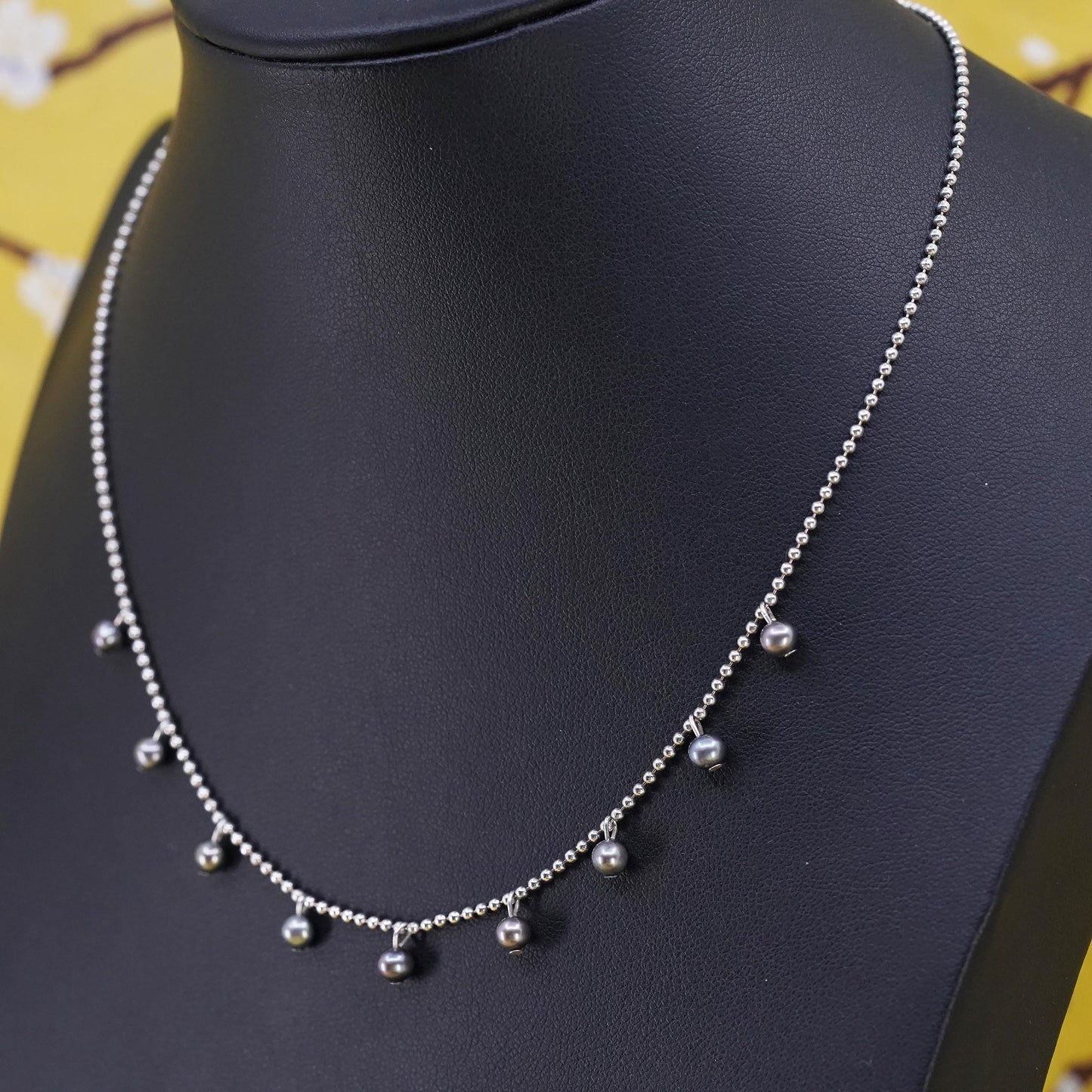 16", Italian Sterling 925 silver bead chain necklace with black pearls beads