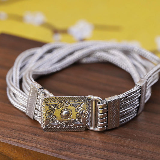 6.5”, VTG Nepal Sterling 925 silver handmade bracelet, 6 strands wheat chain