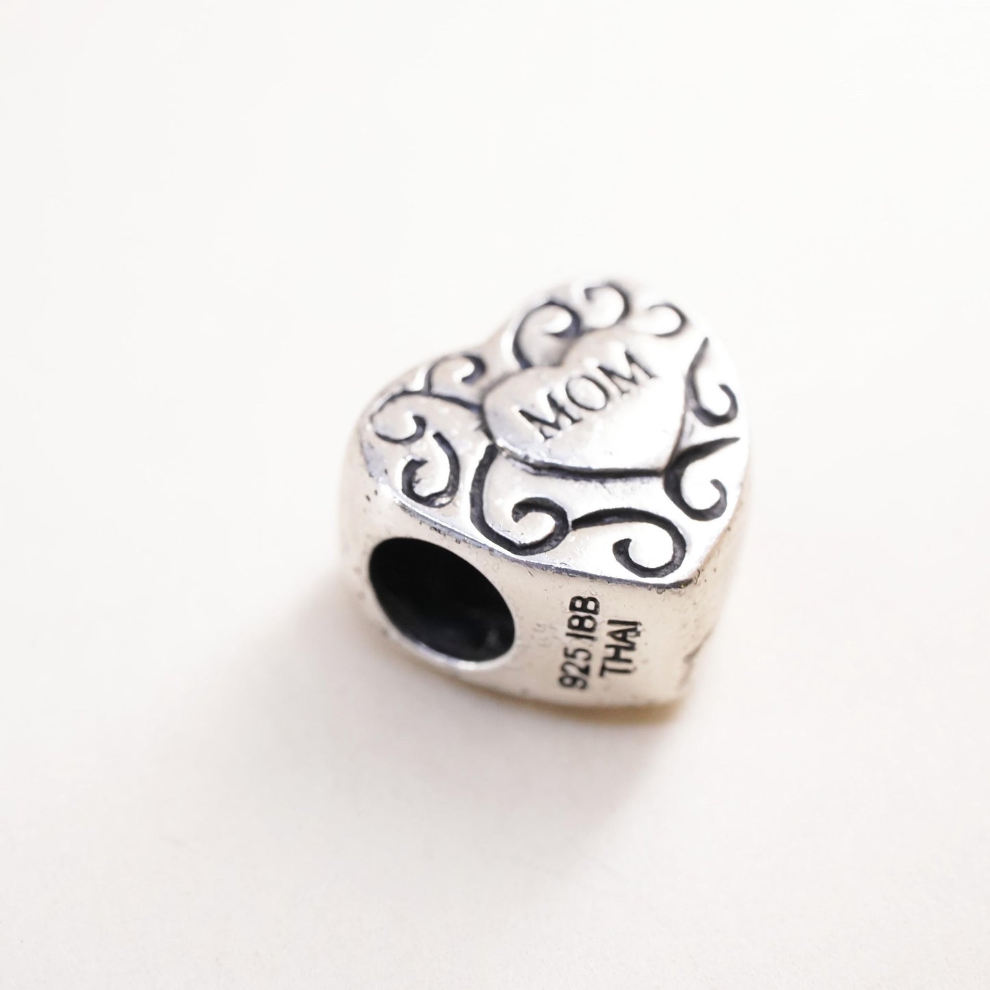 Vintage Sterling silver handmade bead charm, 925 heart pendant embossed mom