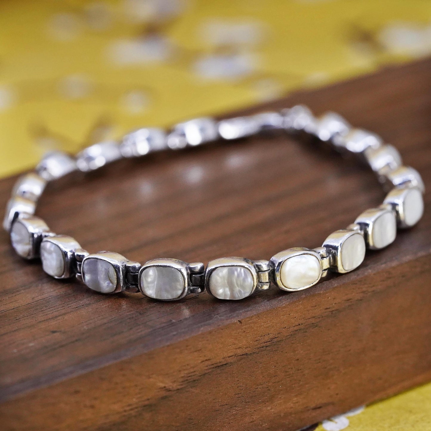 7.5”, Peyote Bird Sterling 925 silver tennis bracelet mother of pearl inlay