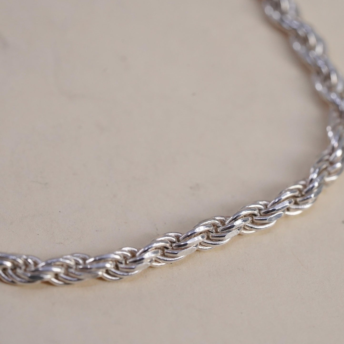 7" 3mm, Vintage Italian sterling 925 silver rope chain bracelet