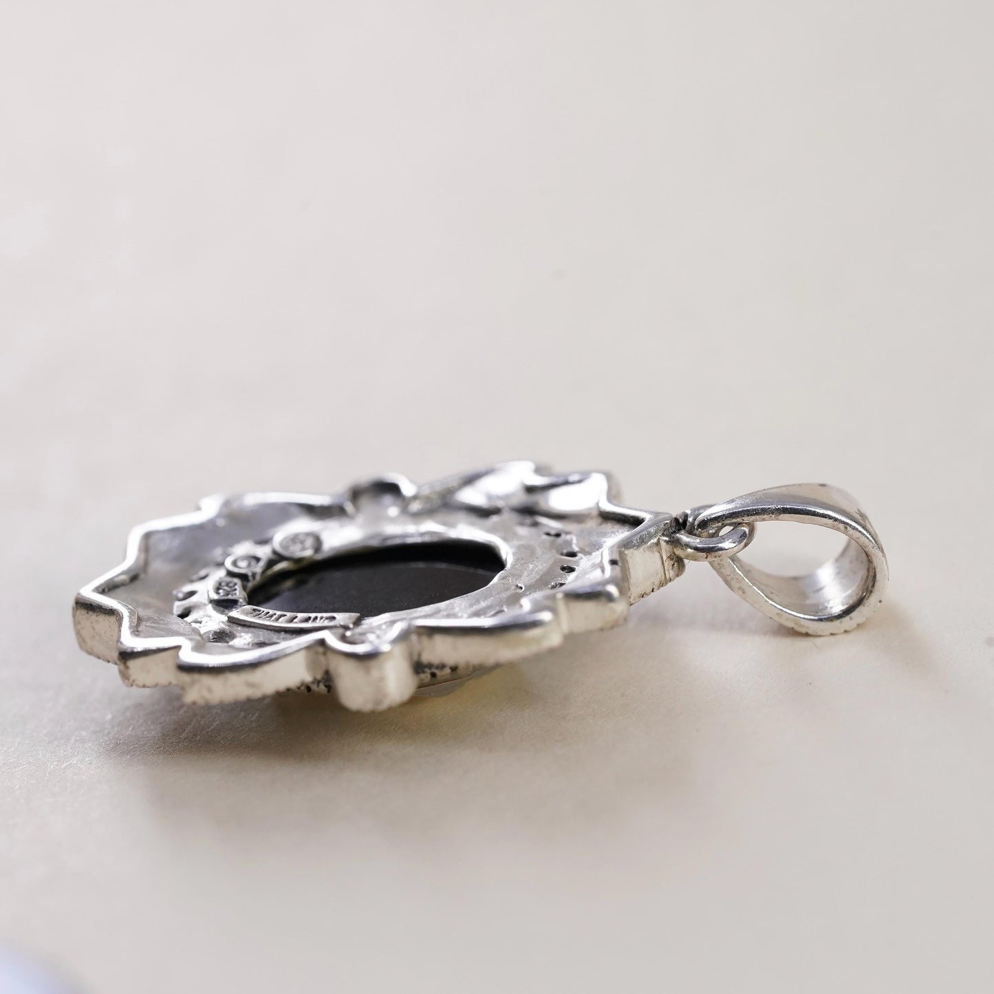 VTG Sterling 925 silver pendant mother of pearl cameo lady cluster marcasites