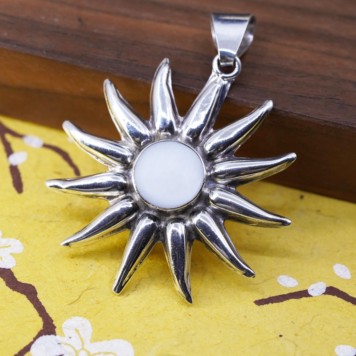 Vintage Mexican Sterling 925 silver handmade sun pendant with mother of pearl