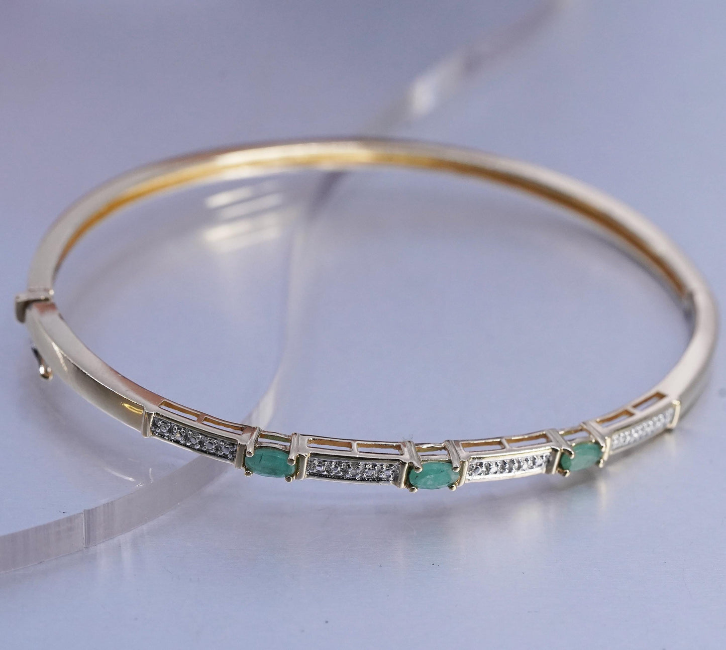 7", vermeil gold over Sterling 925 silver bracelet, hinged bangle jade diamond