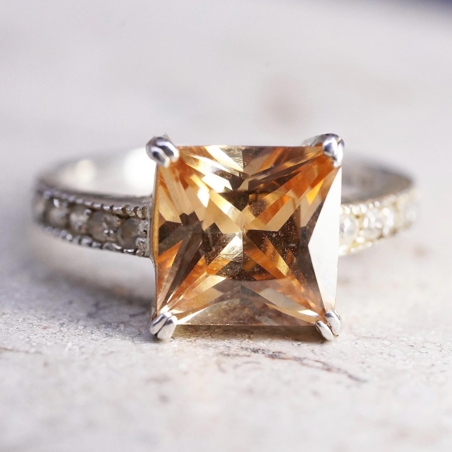 Size 8.25, VTG 925 Sterling Silver Champagne CZ Ring, Princess Solitaire Ring