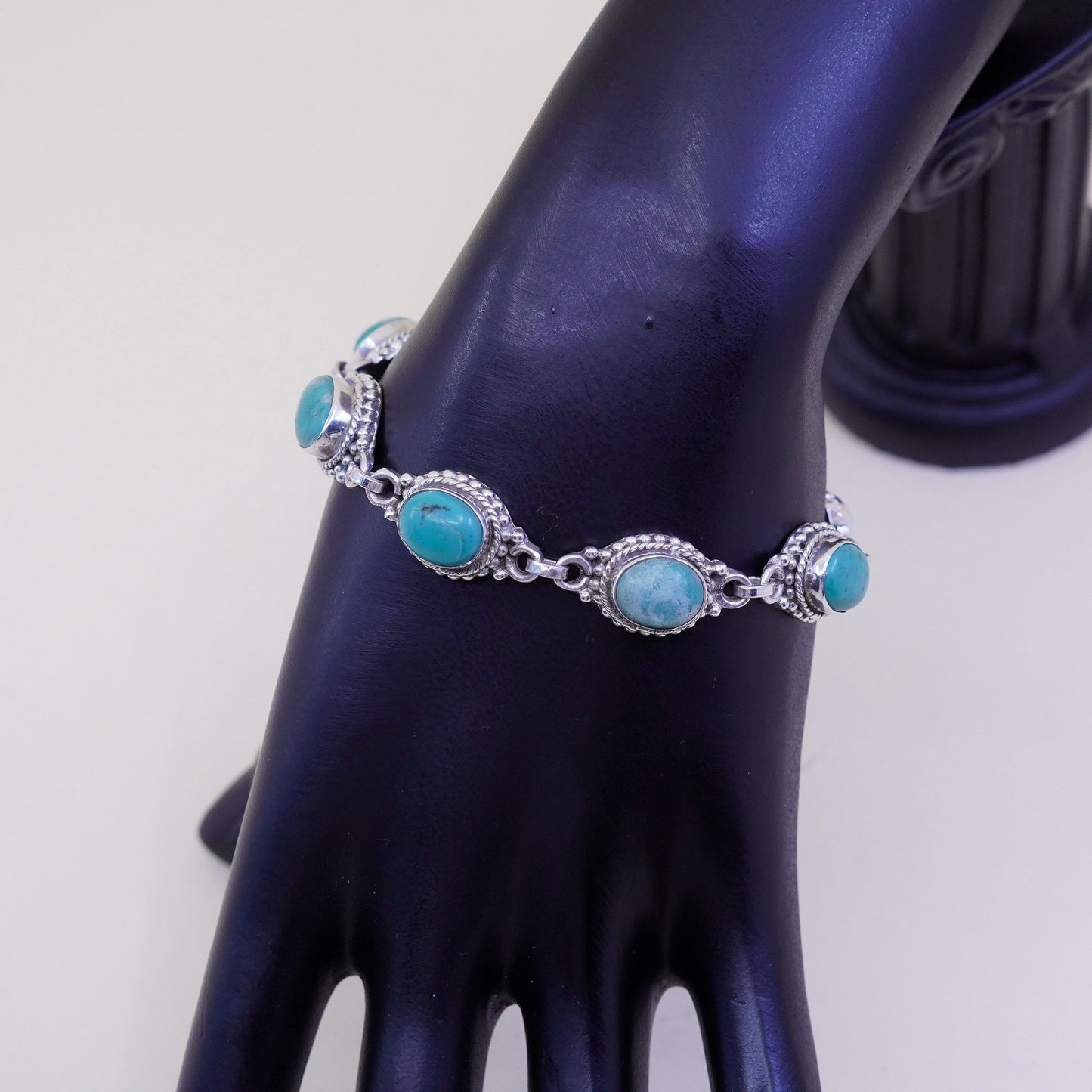 6.5”, vtg Mexico Sterling 925 silver handmade bracelet with turquoise and beads