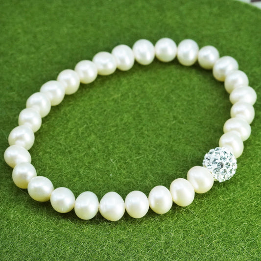 6.25”, Vintage handmade bracelet, freshwater pearl with elastic band
