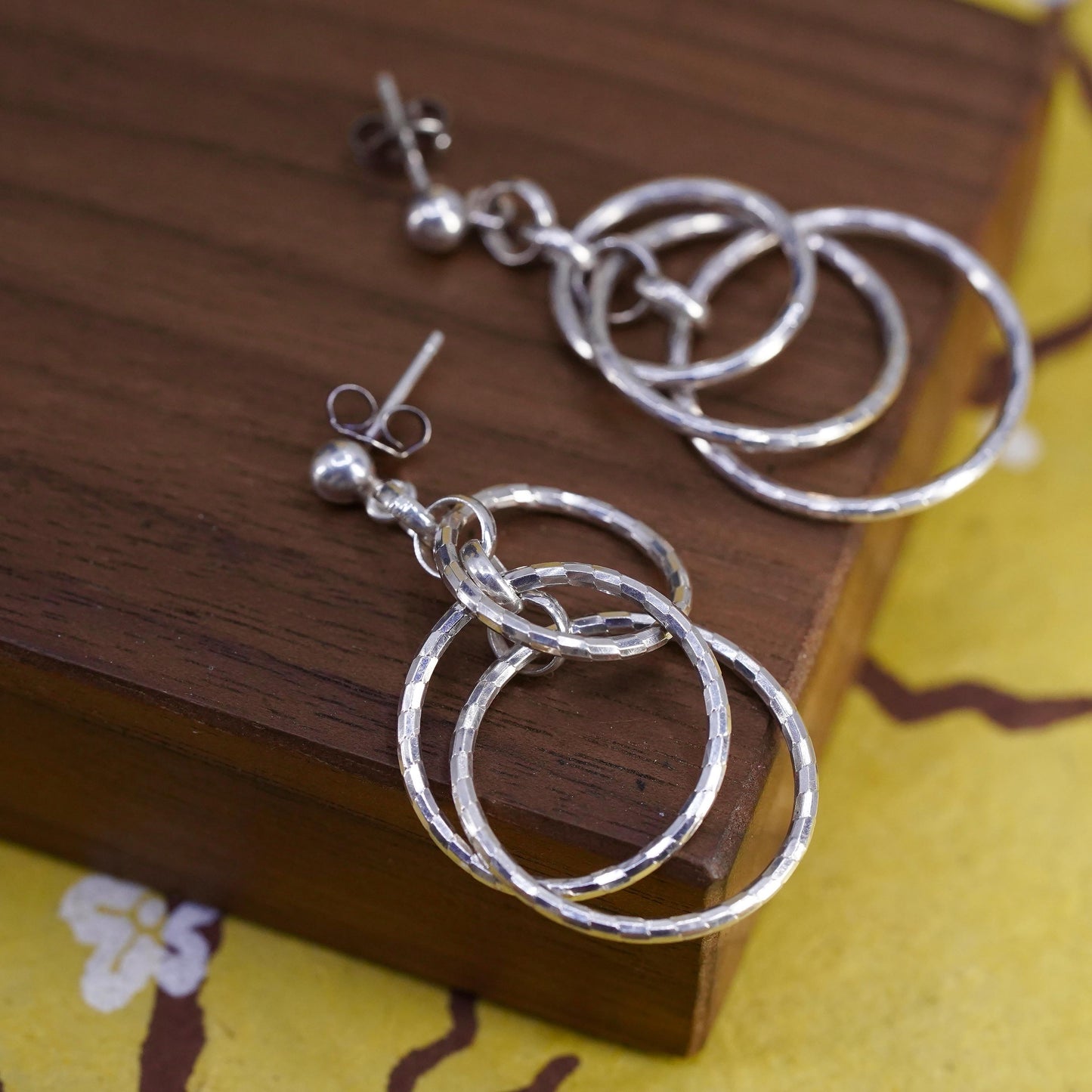 Vintage Sterling silver handmade earrings, textured 925 entwined circles dangle