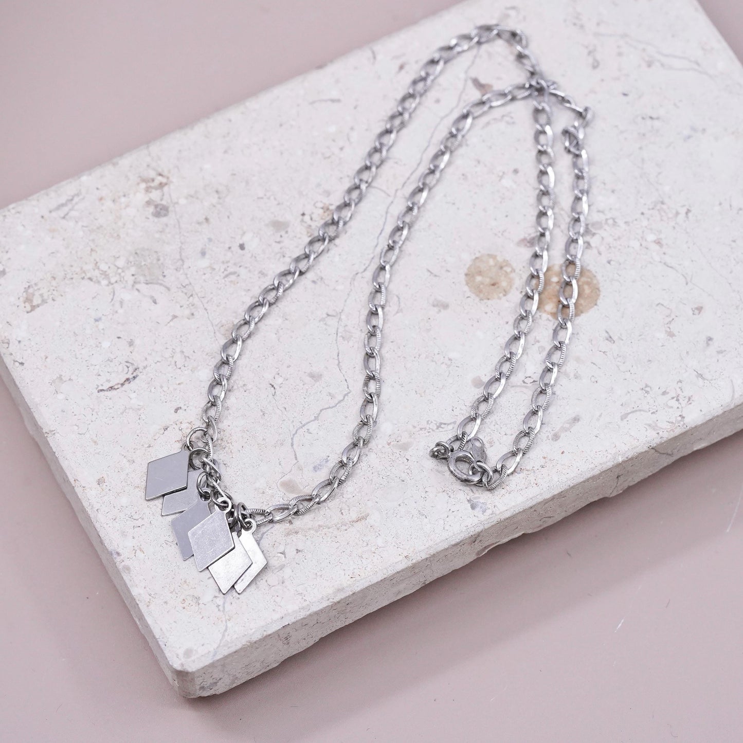 18”, vintage Sterling silver necklace, textured 925 curb chain diamond dangles