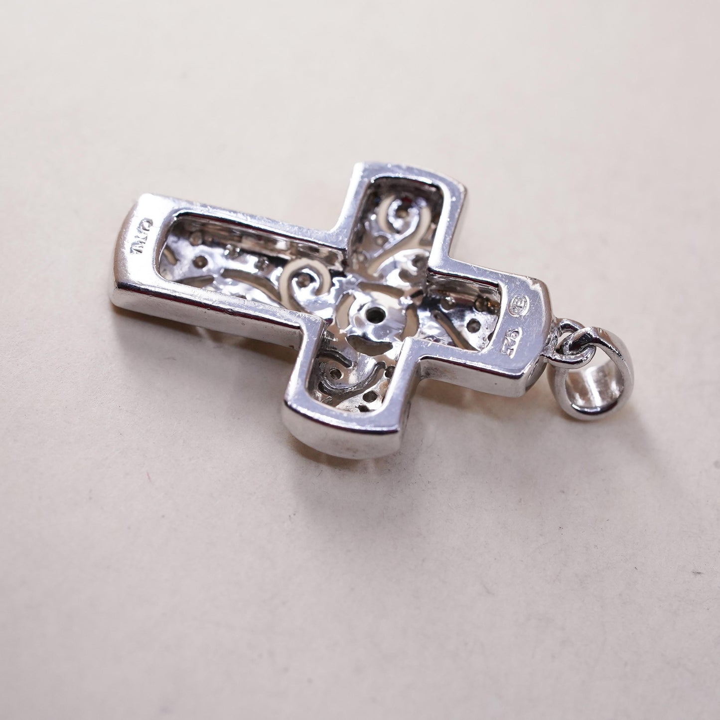 VTG modern sterling 925 silver filigree pendant, cross cluster genuine diamond