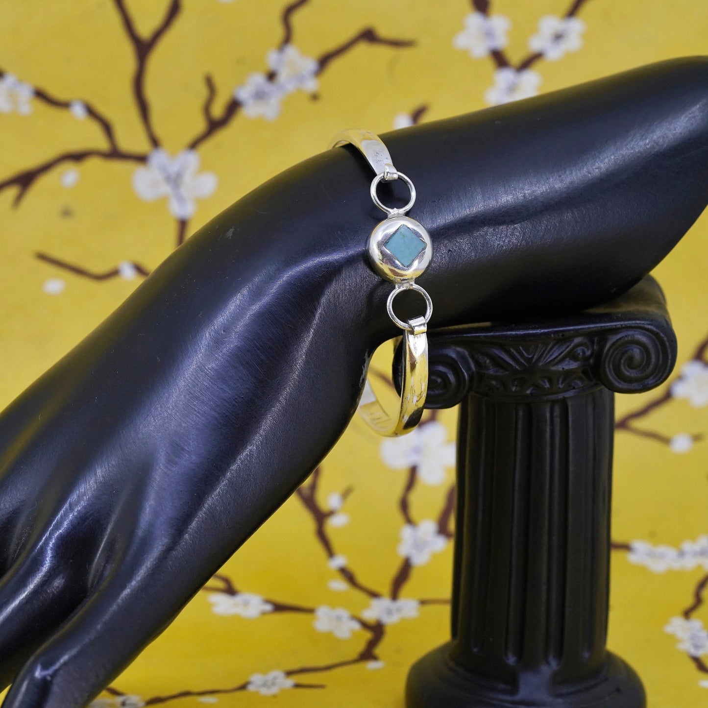 6.5”, Sterling silver handmade bracelet, Mexico 925 hinged bangle w/ turquoise
