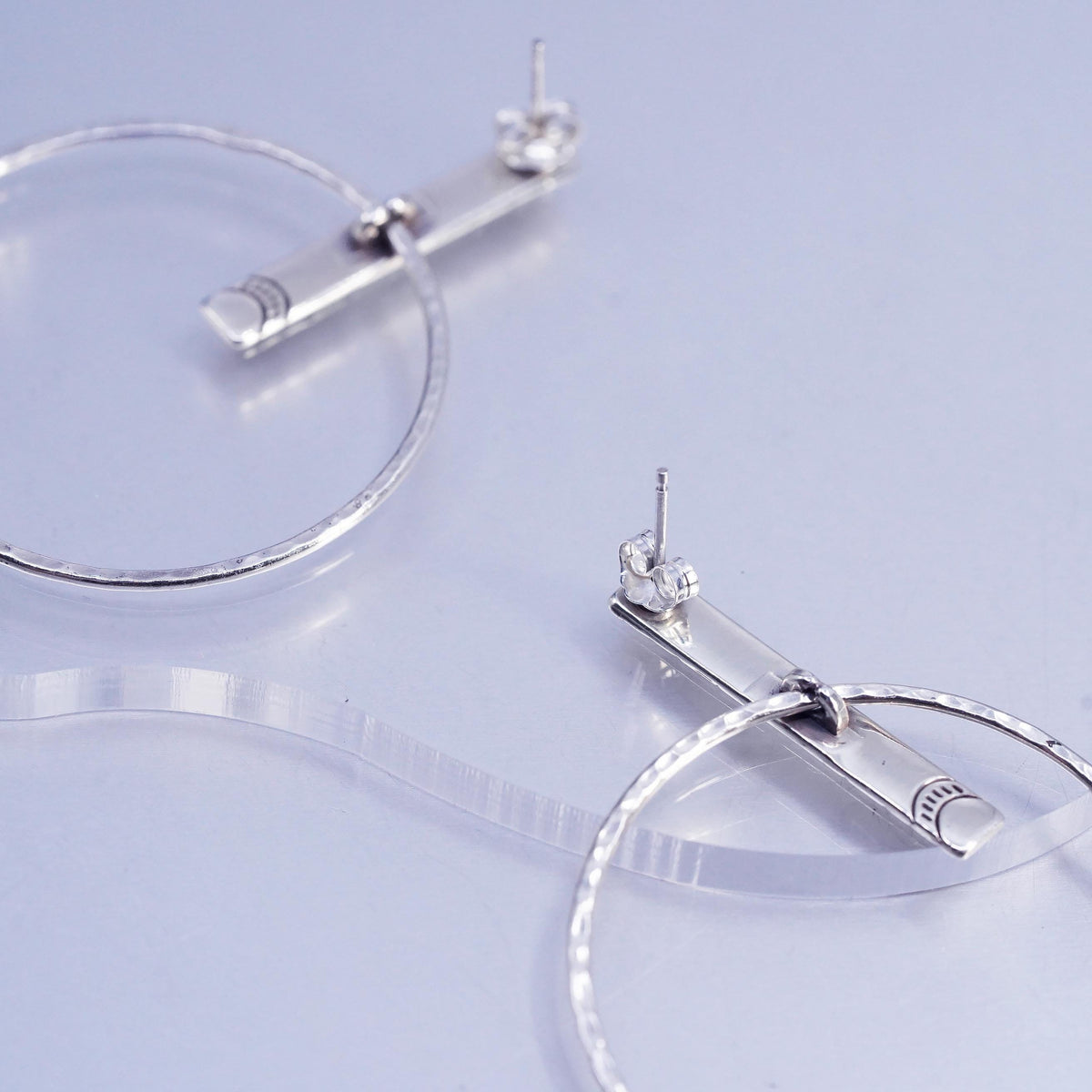 1.75", vintage Sterling silver handmade earrings, textured 925 hoop dangles