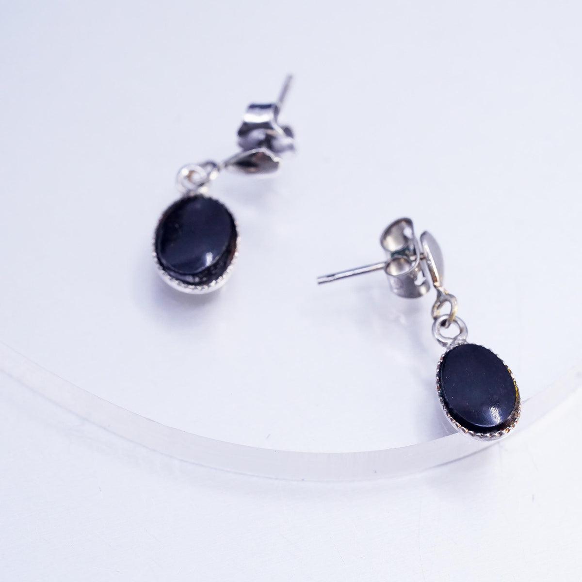 Vintage Sterling 925 silver earrings with oval onyx beads